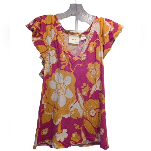 Maeve Tops - Maeve Anthropologie Pink Yellow Floral Printed Ruffle Short Sleeve Top Size XS